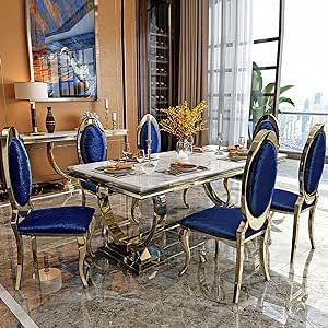 XHAXHI 7-Piece Luxury Dining Table Set, Marble countertops, Heavy Duty Stainless Steel Base, Kitchen and Dining Room Set with 6 Premium Velvet Chairs (Color : Blue Pro)